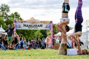 Acroyoga with man and two women at Hanuman Festival